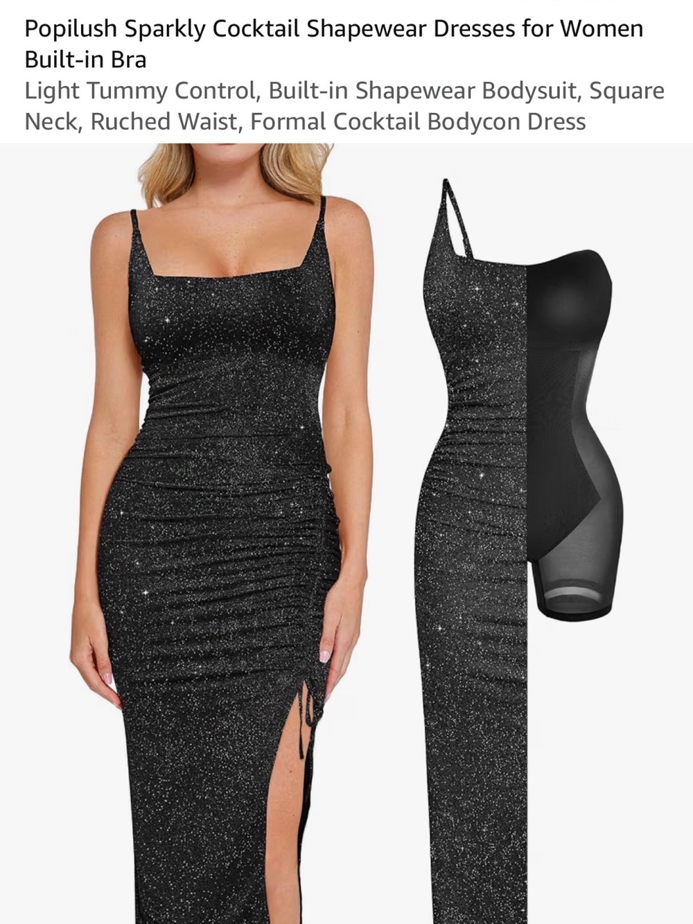 Popilush Black Sparkle Midi Dress with Built-In Shapewear